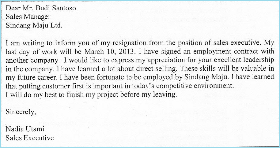 Example and generic structure of business letter resignation